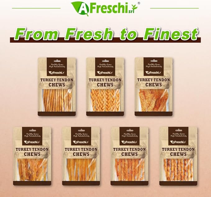 AFreschi Turkey Tendons for Dogs, USA-Sourced, Healthy Dog Treats, Rawhide-Free Puppy Chews, Long Lasting, All Natural, Hypoallergenic Dog Treats, Classic Series, Sliced, 3.5 oz Pack