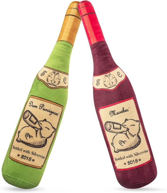 TWINCRITTERS KittiLush 2-Pack Organic Silvervine Catnip Substitute Toys for Cats & Kittens | 100% All-Natural Wild Harvested Silvervine | 2 Refillable Wine Bottle Kicker Cat Toys