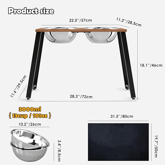 TIDANT Elevated Dog Bowls for Large Dogs, Extra Large Breed, with Spill Proof Mat, Two 3000ML(13CUPS) Food & Water Bowls, Stable Raised Bowl, 18.1" Tall Dog Bowl Stand for XX Large Dogs