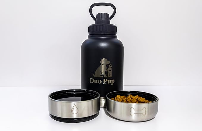 DuoPup 32oz Insulated Stainless Steel Pet Water & Food Bottle – Portable Leak-Resistant Dispenser with Two Detachable Bowls & Carrying Strap – Travel, Hiking & Outdoor Pet Hydration – Black