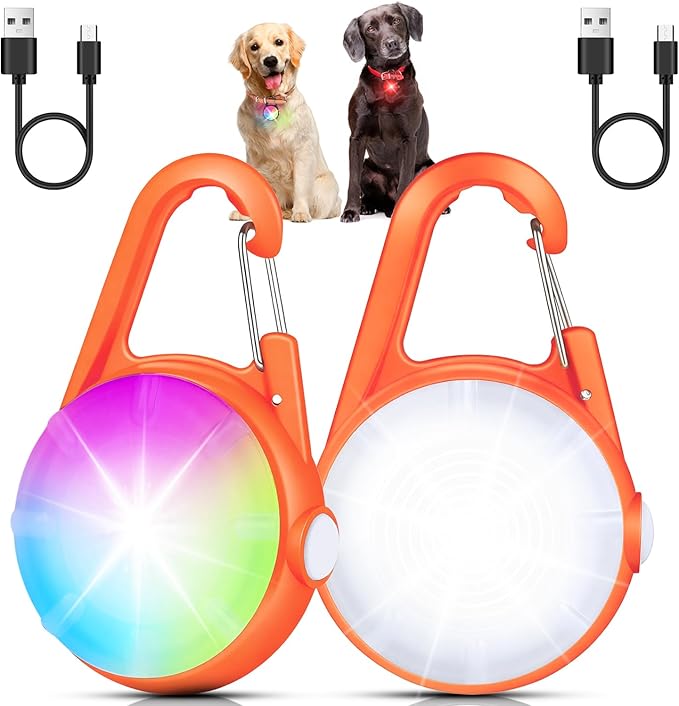 2 Pack Dog Collar Light, Rechargeable Dog Lights for Night Walking Clip On, 4 Modes Waterproof LED Collar for Nighttime Running, Cycling, Pet Camping Essentials (Orange)