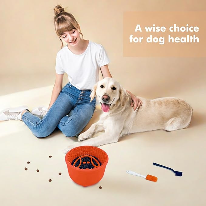 Large Silicone Slow Feeder Dog Bowls, Non-Slip Dog Slow Feeder Lick Bowl for Medium Large Breed, Enrichment Toys for Distraction, Anxiety Relief & Enrichment (Orange, 4.2 Cup)