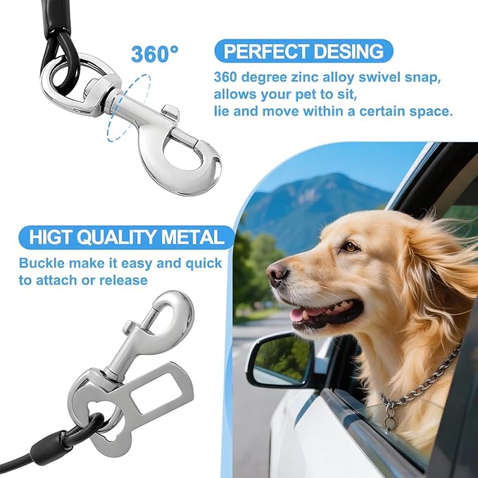 2 Pcs Car Seat Belt Harness for Dog, Dog Seatbelt Clips of Coated Wire Leash Safety Restraint, Metal No Chew Tether Cable Vehicle Dogs Accessories,Double Clips & Buckle Latch (Black)