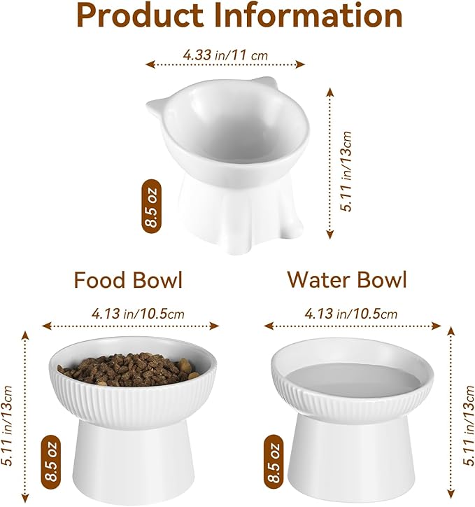 Ceramic Elevated Cat Bowls-Water Bowl, 15° Tilted Design, Anti-Vomiting & Spine Protection, Prevent Whisker Fatigue for Kittens to Adult Cats and Small Dogs (White-Elevated Cat Bowls-2)