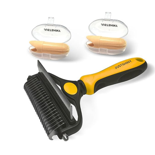 Pet Grooming Set – 1 Brush + 2 Toothbrushes (Soft & Finger) for Dogs & Cats(Yellow Handle)
