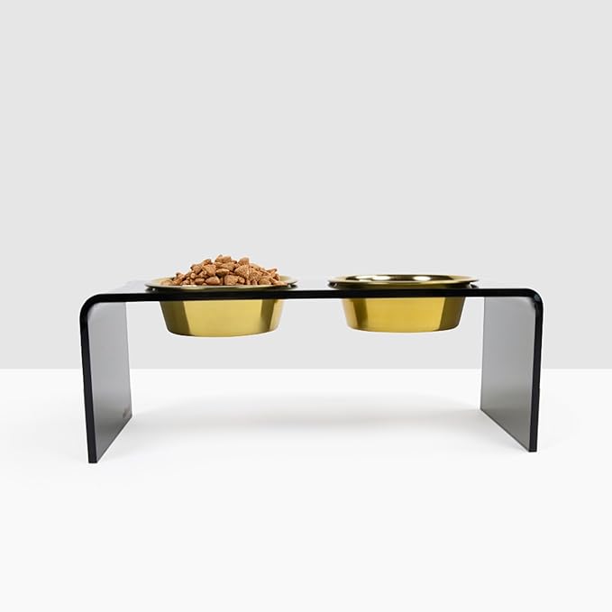 Hiddin Double Elevated Dog Bowl Stand for Small or Medium Dogs, All Breeds, Smoke Grey Acrylic 7 Inch Raised Dog Bowl Stand with Two Gold Bowls for Food and Water - 3.5 Cups Each Dish