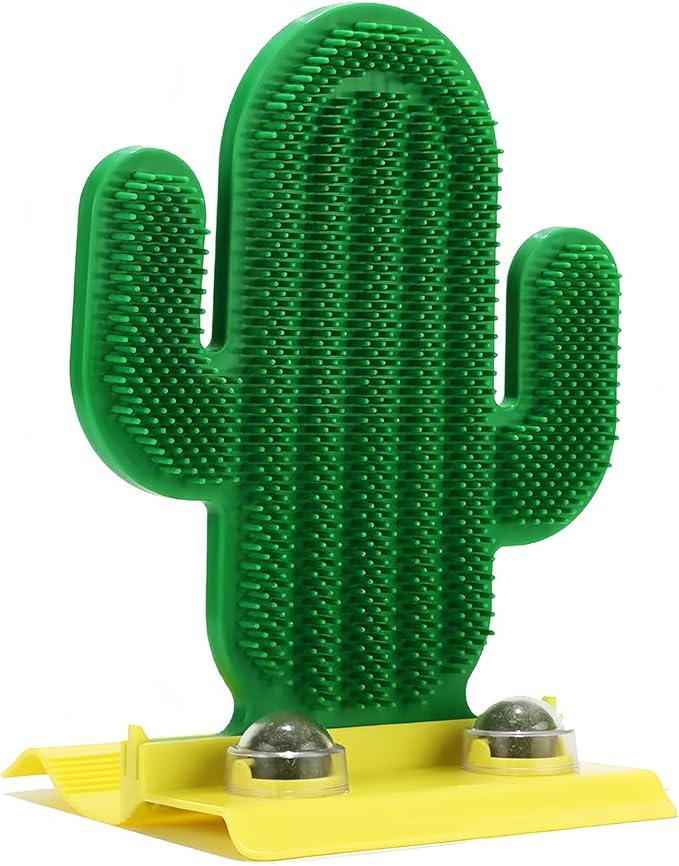 Catnip Toys for Indoor Cats, Green Cactus Shape Cat Scratching Brush with Catnip Ball Toys, 2 in 1 Massage & Self Groomer, Teeth Washing Healthy Rotatable Treats Toys, Cats Soothing Catnip