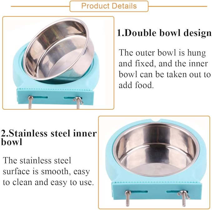 kathson Crate Dog Bowl, Removable Stainless Steel Hanging Pet Cage Bowl Food & Water Feeder Coop Cup for Cat, Puppy, Birds, Rats, Guinea Pigs (2pcs, Pink and Blue)