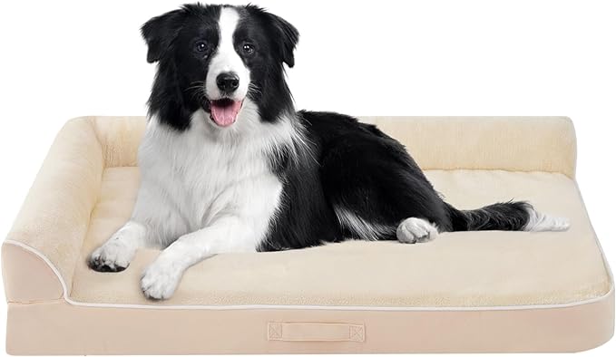 Dog Bed Large Sized Dogs, XL Orthopedic Dog Bed for Large Dogs, Waterproof Pet Bed with Washable Removable Cover, L-Shaped Pet Couch with Portable Handle 42"x30"x7.5", Beige