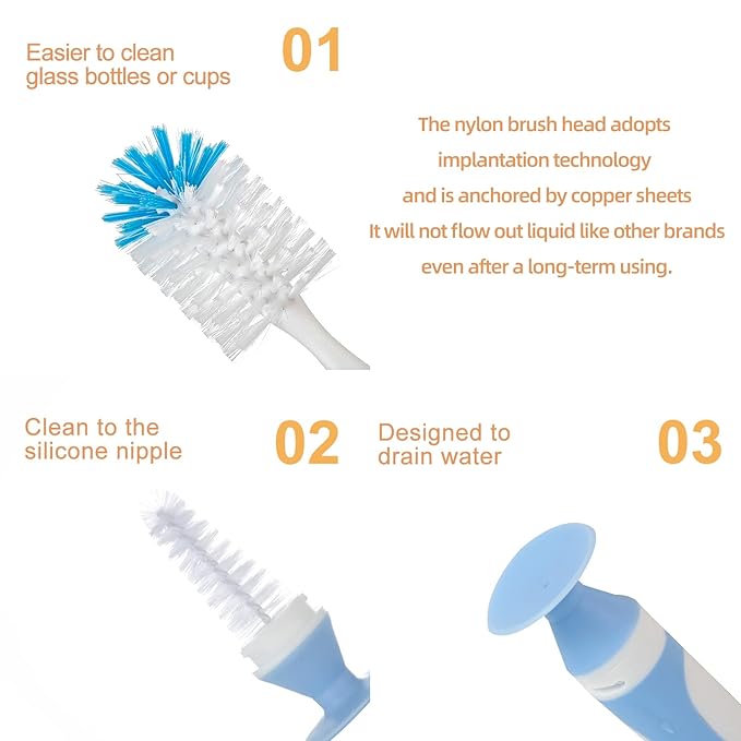 Chemimoso Multifunctional Cleaning Brush, Baby Bottle Brush, Bottle Brush Cleaner, Rotate The Suction Cup to Obtain The Small Bristle Brushes, Set Z, Pink, Nylon and Nylon Brush