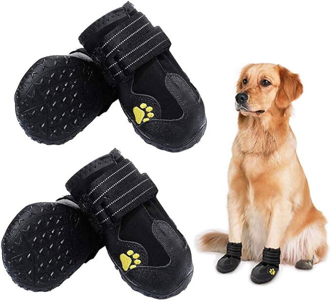 PK.ZTopia Waterproof Dog Boots, Dog Outdoor Shoes for Medium to Large Dogs with Two Reflective Fastening Straps and Rugged Anti-Slip Sole (3.15" x 2.95",Black 4PCS).