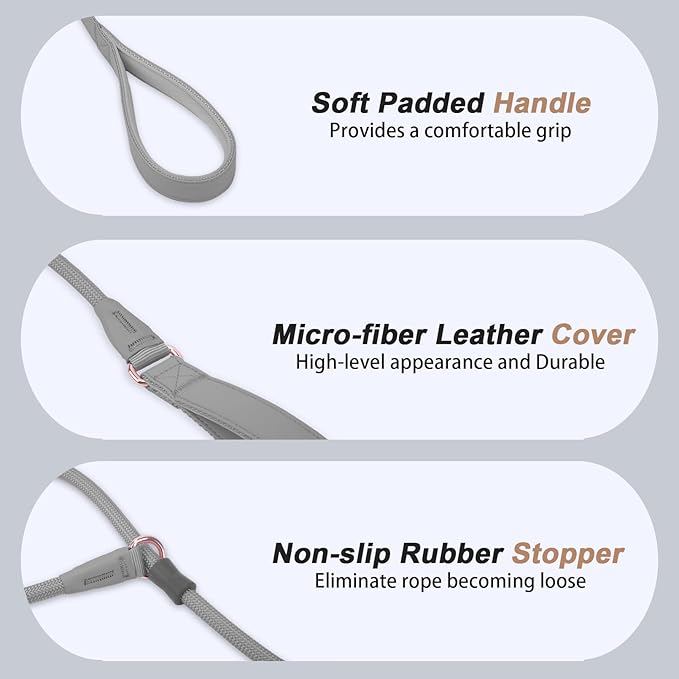 Slip Lead Dog Leash, Double Handle, Soft Leather, Heavy Duty Nylon, No Pull Walking, Grey, 5ft