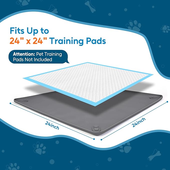 Pee Pad Holder for Small Dogs, 24" x 24" Dog Puppy Pee Pad Holder Non-Slip Silicone Tray with 4 Magnetic Clips for Training, No Spill Raised Lip High Edge for Indoor Floor Protection, Gray