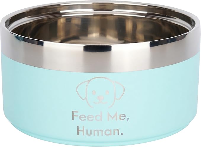Large Dog Bowl – 50oz – “Feed Me, Human.” – Laser Engraved Non-Slip Stainless Steel Bowl for Large Dogs – Blue
