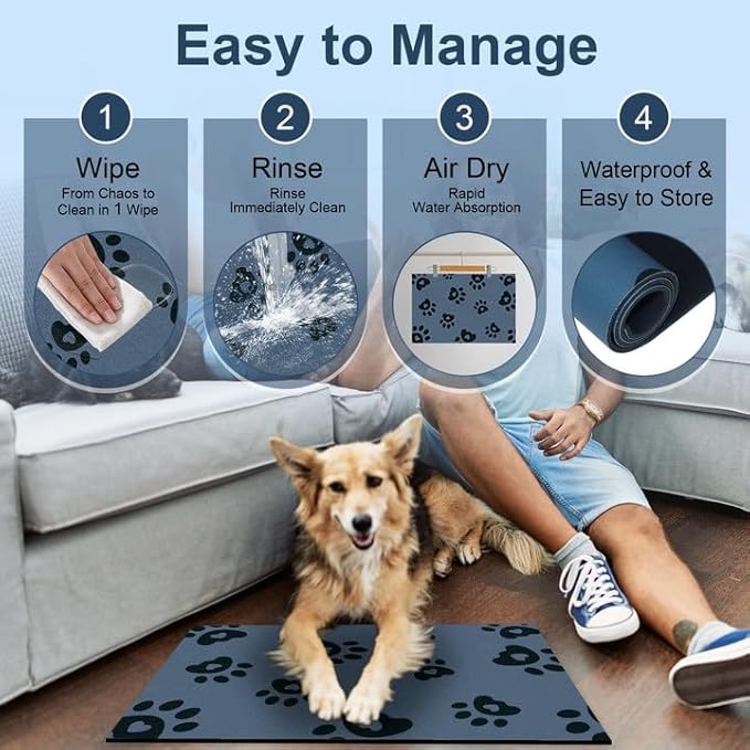 BLESWIN Dog Feeding Mat 12"x20", Absorbent Mat for Dog Water Bowl, Rubber Pet Food Mat, Pet Food Mats for Floor Waterproof, Pet Placemats for Food and Water, Cat Feeding Mat, Blue