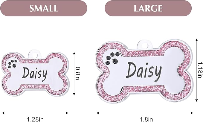 Personalized Dog Tags - Stainless Steel Deep Engraved Glitter Bone Shape Pet ID Tag, Double Sided Custom Text, Lightweight Durable Cat Dog Name Tag (Pink, S)