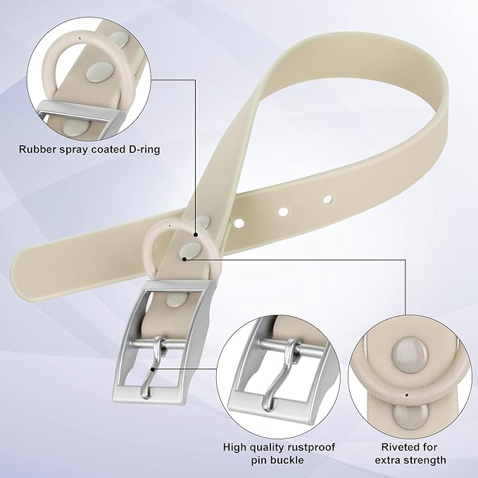 Wisedog Waterproof Dog Collar, Adjustable Soft Rubber Coated Webbing, Odor-Proof and Easy to Clean for Small Medium Large Dogs, with Airtags Case(L|15"-19" × 1 in, Sand Color)