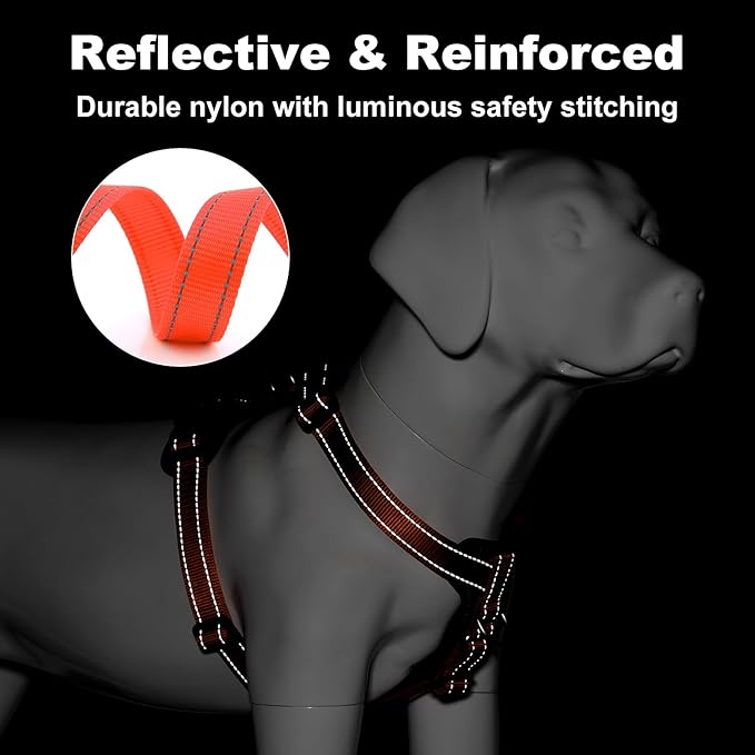 Plutus Pet Adjustable No Pull Dog Harness with Leather Accents, Heavy Duty Reflective Nylon Vest for Training, Hiking, Easy Walk Harness for Small, Medium, Large Dogs (Orange, XL)