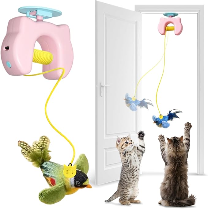 Dinochez Interactive Cat Toys for Indoor Cats, Chirping Bird Cats Feather Toys, Automatic Hanging Door Frame Chase/Hunt/Exercise Stimulate Feather Cat Toy for Bored Indoor Adult & Kitten