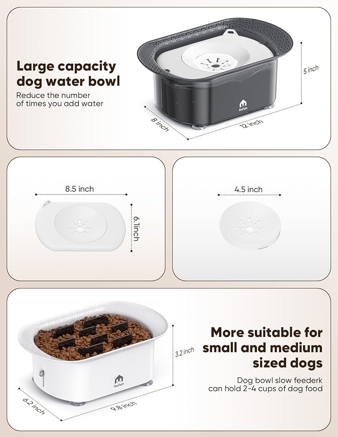 Dog Water Bowl,No Spill Water Bowl for Dogs Reduce Refill & 2-6 Cups Slow Feeder Dog Bowls 2Pieces,Anti Splash No Mess Dispenserl,Anti-Choking Puzzle Food Bowls(with Suction Cup Foot Pad)