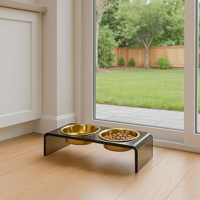 Hiddin Double Elevated Dog Bowl Stand for Small or Medium Dogs, All Breeds, Smoke Grey Acrylic 3.5 Inch Raised Dog Bowl Stand with Two Gold Bowls for Food and Water - 1.5 Cups Each Dish