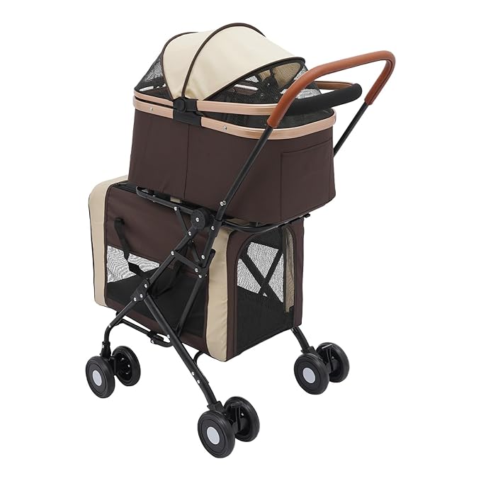 Double Pet Stroller for Small Medium Dogs & Cats, 3 In1 Detachable Pet Strollers with 2 Carriers and 360° Wheels, 77 Lbs Capacity Outdoor Cat Dog Carts Lightweight (Coffee Color)
