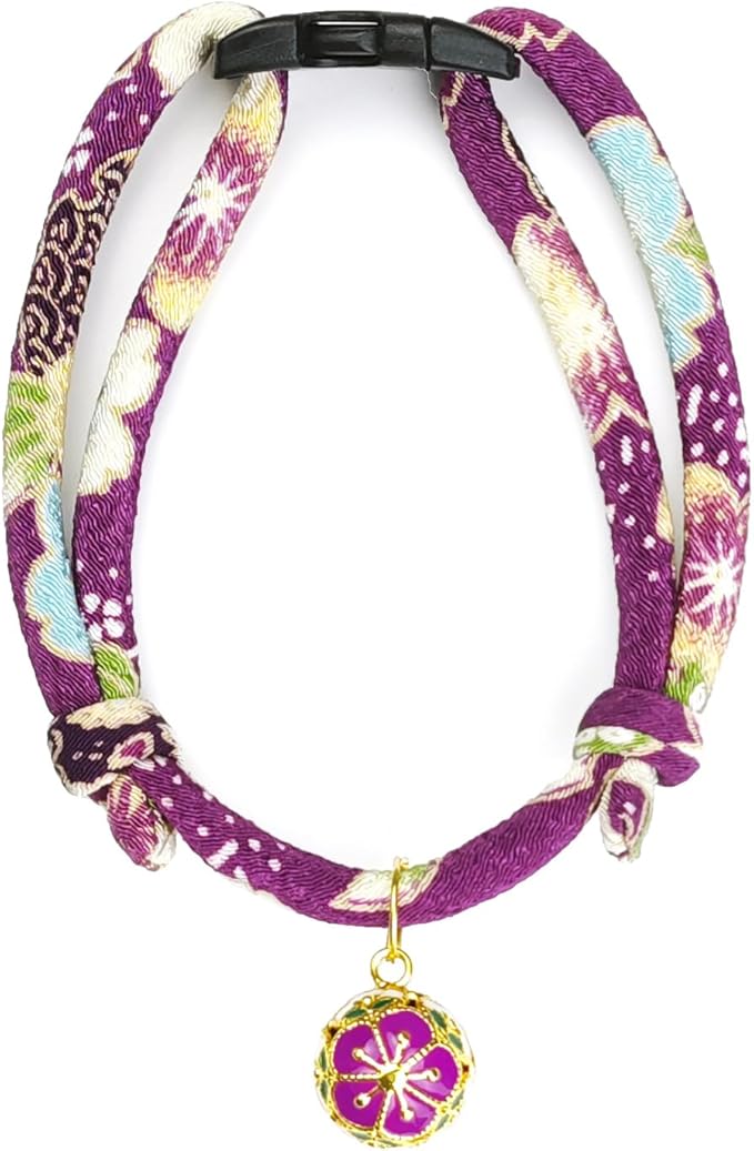 Breakaway Cat Collar. Japanese Plum Blossom Bell & Chic Kimono Design, Soft Adjustable Kitten Collar for Boys & Girls