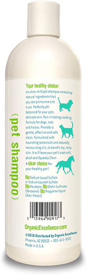Organic Excellence Mild Dog Shampoo, Great for All Pets: Dogs, Puppies, Cats, Horses, Formulated for Sensitive Skin, Made with Aloe and Nourishing Botanicals - 16oz