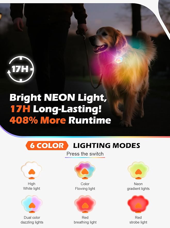 Lekebobor Light Up Dog Collar, 6 Modes Dog Lights for Night Walking, Rechargeable LED Pet Collar Light for Nighttime Clip on, IPX5 Waterproof Pet Walking Camping Accessories