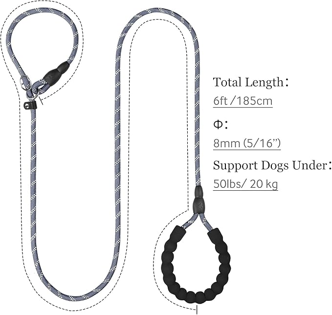 TagME Slip Leads for Dogs, 6 FT Heavy Duty Slip Leash with Padded Handle, Strong Rope No Pull Pet Training Leash for Small Dogs,Gray
