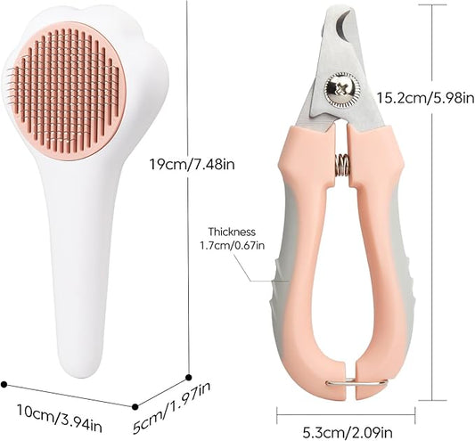 Self-Cleaning Cat Brush for Shedding with Cat Nail Clipper 2-Piece Set,Cat Brushes for Indoor Cats and Cat Nail Trimmer with Safety Guard Protective,Pet Grooming Kit for Cats and Dogs