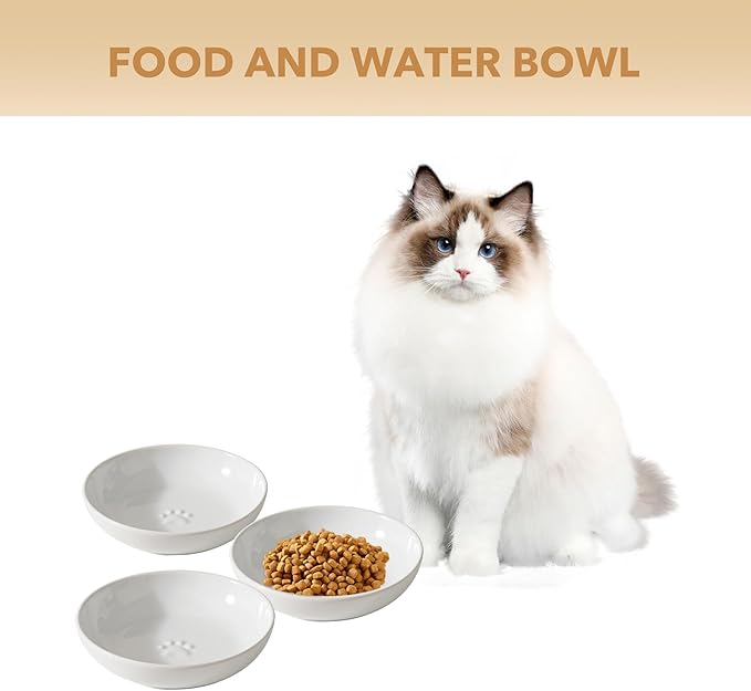 Ceramic Wide Whisker Friendly Cat Dishes, Set of 3 Ceramic Cat Bowls with Paw Print, Anti-Slip Indoor Kitten Feeding Food& Water Dish to Prevent Whisker Fatigue(3 Pcs, White)