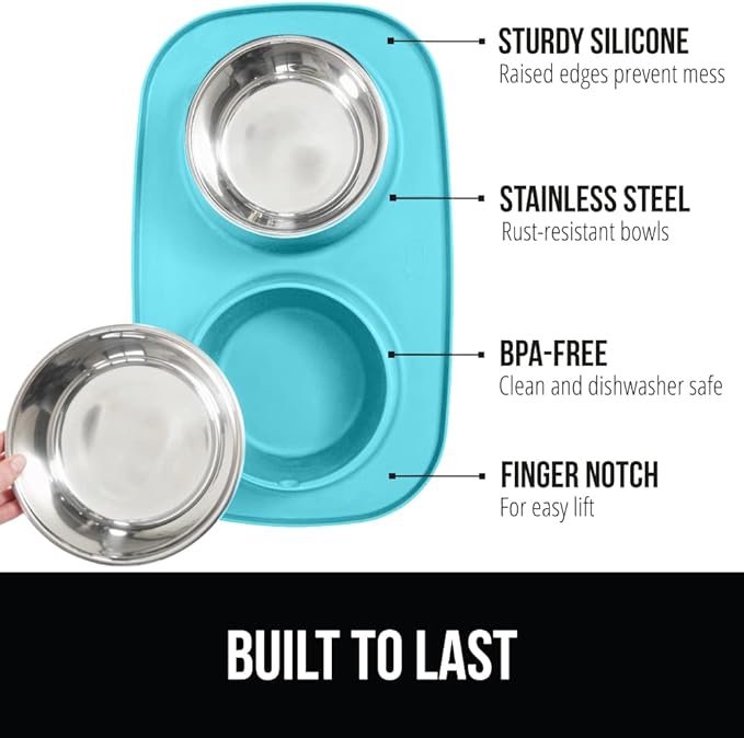 GORILLA GRIP Feeding Mat Set, Patent Pending 100% Waterproof BPA Free Silicone, Stainless Steel Cat and Dog Bowls, Slip Resistant, Edges Catch Water, Food, US Designed Pet Accessories, 2 Cup Turquoise