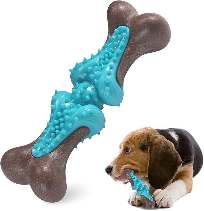 Durable Dog Chew Toys for Large Dogs - Tough Bone-Shaped Dental Chew with TPR Rubber & Wood Fiber, Teething & Aggressive Chewer Toys for Medium/Large Breed, Long-Lasting Teeth Cleaning & Stimulation