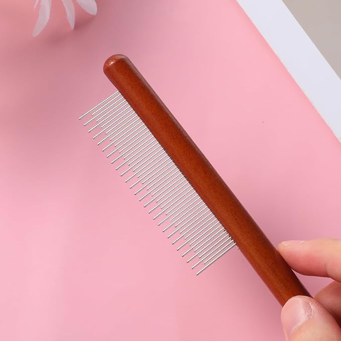 Cat Comb, Rabbit Dog Hair Brush Flea Lice Comb Deshedding Brush with Wood Handle, Fine Wide Teeth Remove Tangles, Shedding Fur Fleas Grooming Tool for Long Short Haired Cats Dogs Puppy Rabbits