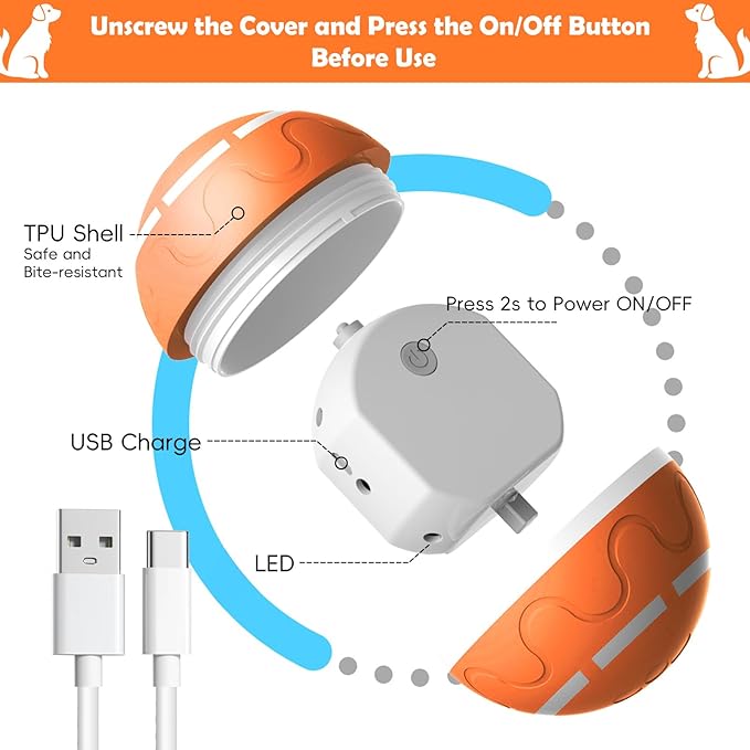 SUJF Interactive Dog Ball, Smart Interactive Dog Toys, Automatic Moving Vibrating Bouncing Pet Ball for Medium and Large Dogs, TPU Material, Rechargeable and Waterproof