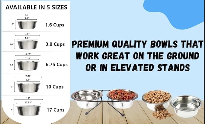 Greendale - 4 Pack - 17 Cup Capacity - Stainless Steel Metal Dog Bowls - Perfect for Dog Food and Water. Wrong Size? Click to Look at Our Size Options.