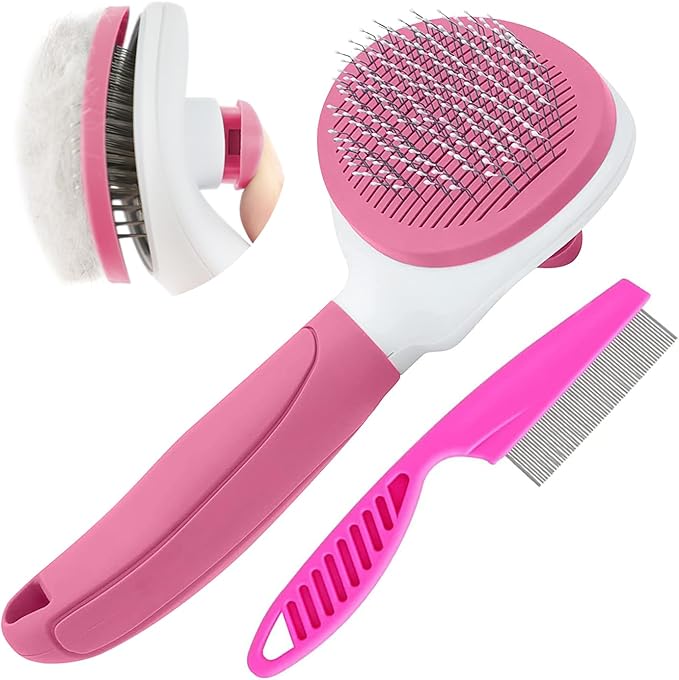 Cat Brushes for Indoor Cats, Dog Brush for Shedding with Metal Cat Comb, Self Cleaning Pet Hair Brush with Release Button for Grooming Kitten(Pink)