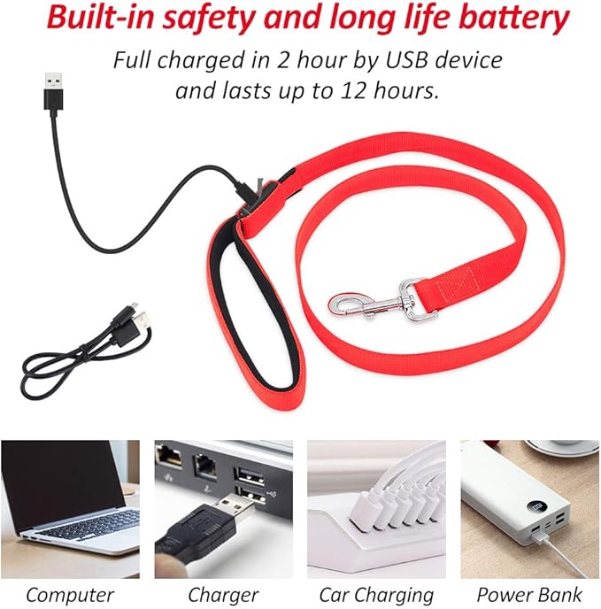 Illumifun LED Dog Leash, USB Rechargeable Light Up Dog Lead, 47.2inch Nylon Glowing Pet Leash for Your Night Dog Walking (RedⅠ)