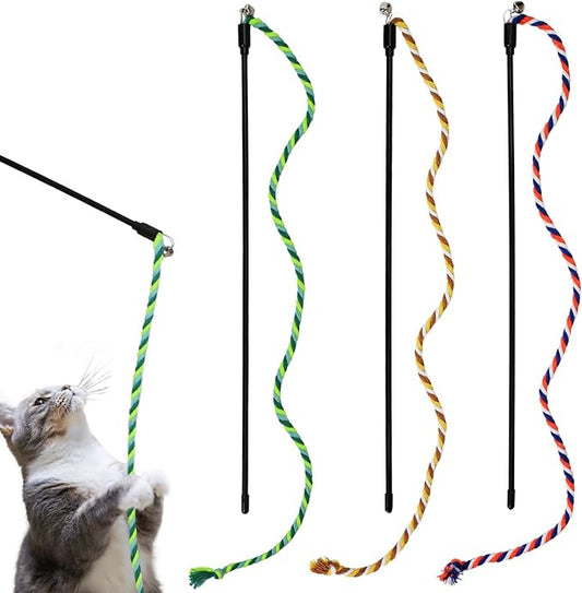 MeowAroma Interactive Cat Toys, 3 Pcs Cat Wand Toys for Indoor Kitten with Colorful Hemp Rope and Small Bell, Kitty Teaser String Toy for Indoor Cats to Chase and Exercise