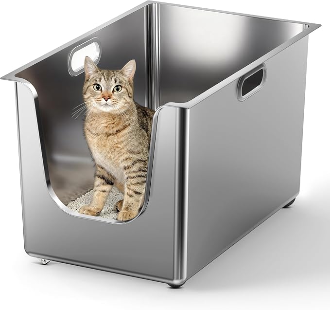 Stainless Steel Litter Box 13.6'' High Sides, XL Metal Cat Litter Box with Curved Low Entry, Cat Litter Pan for Big & Multiple Cats, Pet Toliet with Handy Wheels for Easy Moving
