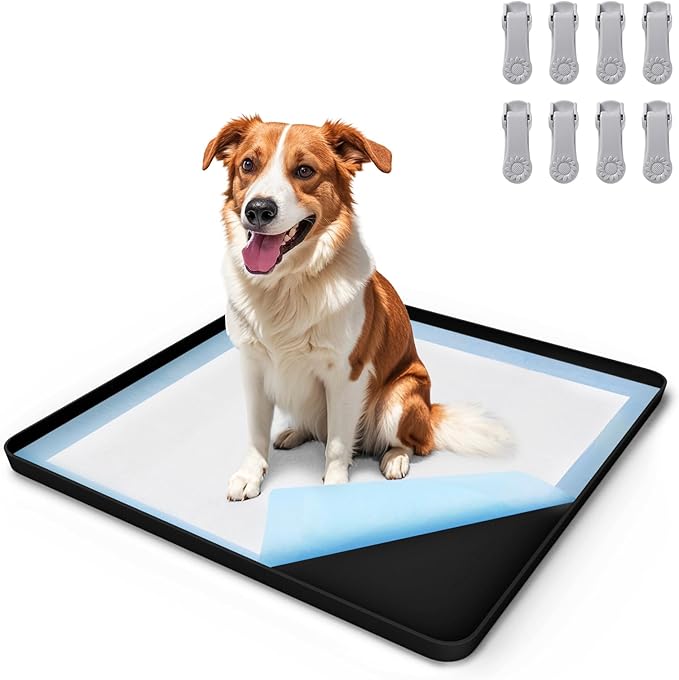 Pee Pad Holder for Dog, 24" × 24" Puppy Pad Holder with Clamps, Raised Edges Leak-Proof Dog Pee Pads Holders, Waterproof Silicone Potty Pads for Dogs, Easy to Clean Indoor, Black