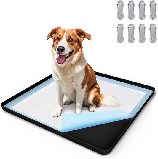 Pee Pad Holder for Dog, 24" × 24" Puppy Pad Holder with Clamps, Raised Edges Leak-Proof Dog Pee Pads Holders, Waterproof Silicone Potty Pads for Dogs, Easy to Clean Indoor, Black