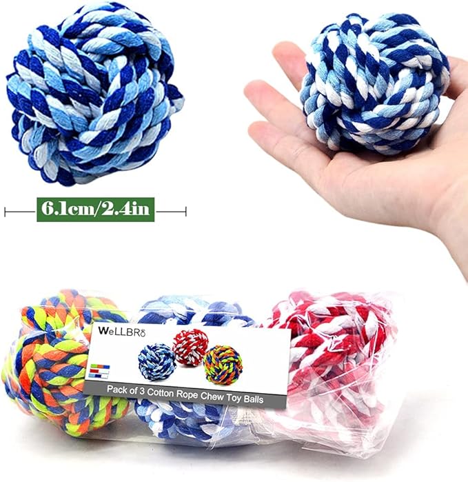 Wellbro Pet Chew Toy, Knots Weave Cotton Rope, Biting Small Ball for Dogs & Cats, 3 in One Pack