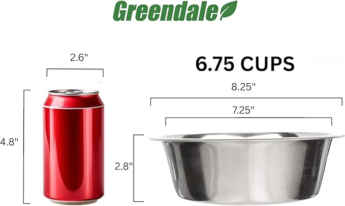Greendale - 2 Pack - 6.75 Cup Capacity - Stainless Steel Metal Dog Bowls - Perfect for Dog Food and Water. Wrong Size? Click to Look at Our Size Options.