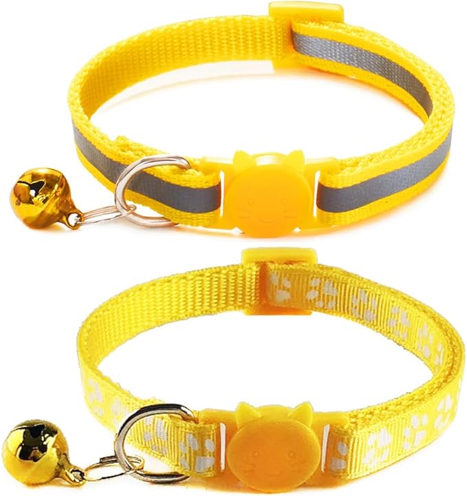 Reflective Cat Collar Breakaway with Bells, 2 Pack Girl Boy Pet Cat Collar Adjustable 7.5-12.5 Inch (Yellow)