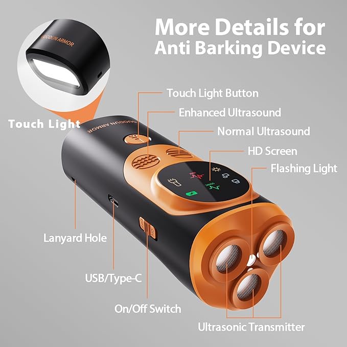 Anti Barking Device for Dogs, 3X Ultrasonic Dog Bark Deterrent Device with Training Modes Stop Neighbors Dog Barks, Portable Dog Training Tool with Flashlight Indoor Outdoor Use, Black and Orange