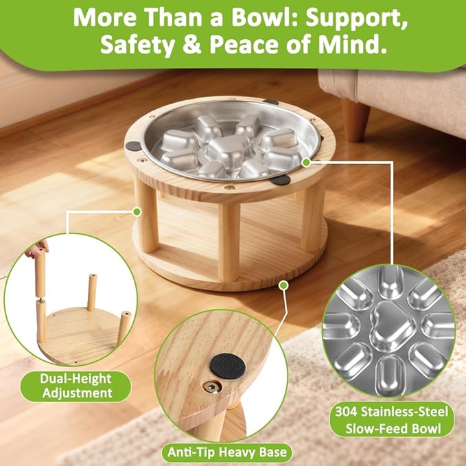 Vivifying Elevated Dog Bowl, Height-Adjustable Pine Wood Stand with Stainless Steel Slow Feeder Bowl, Available in Two Heights 5.9" & 10.6", Fits Small, Medium & Large Dogs