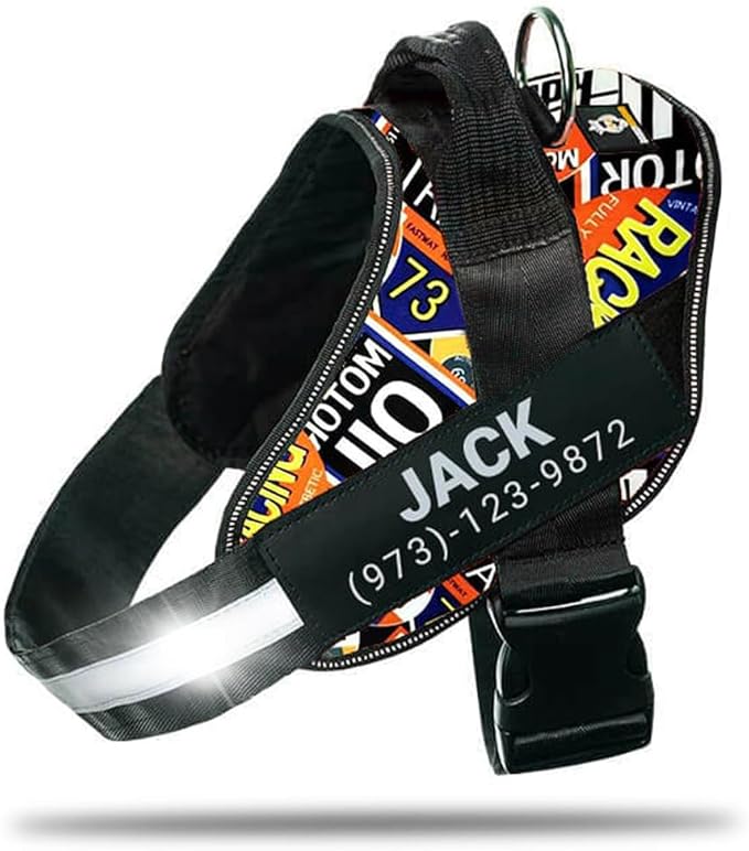 Personalized No-Pull Dog Harness with Name Patch, Adjustable, Reflective, Padded, Heavy Duty Pet Vest to Prevent Tugging, Pulling, or Choking, Training and Walking, Motorsport, 2XL