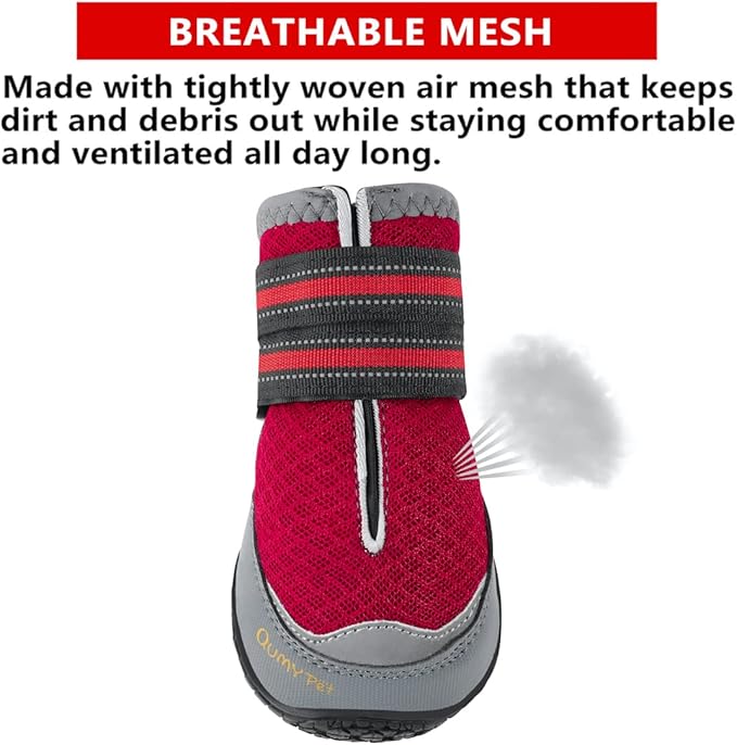 QUMY 4PCS Dog Boots for Large Dogs, Medium Dog Shoes & Paw Protectors for Hot Pavement, Summer Heat Protection, Mesh Breathable Nonslip Dog Booties for Hardfloors, Walking Running Hiking Red Size 5